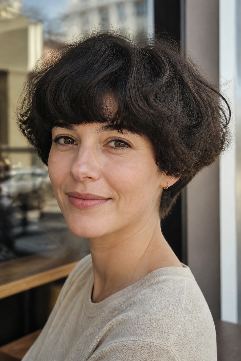 Real woman with a tousled mushroom cut in an urban setting
