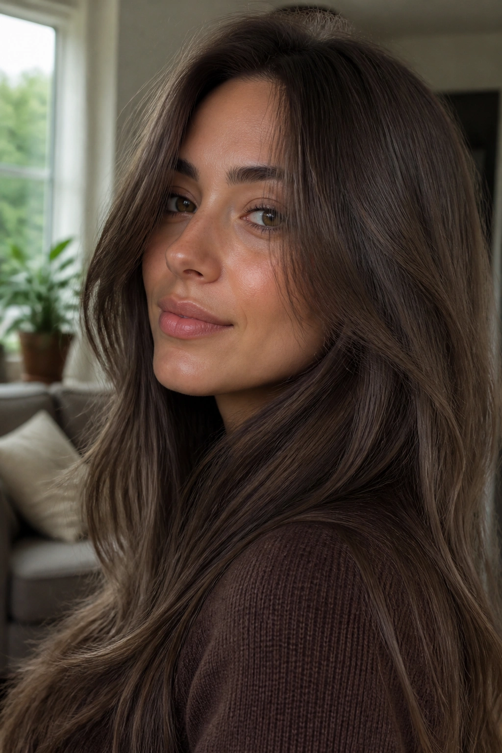 Close-up of a woman with mushroom espresso brunette hair in cool taupe ash tones