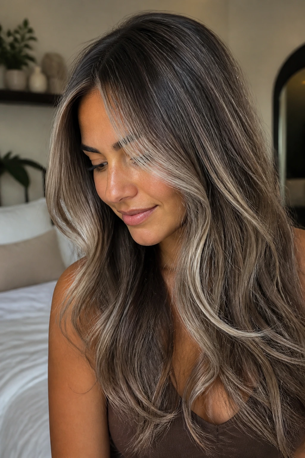 Close-up of a real woman with mushroom brown hair and soft silver veil balayage.