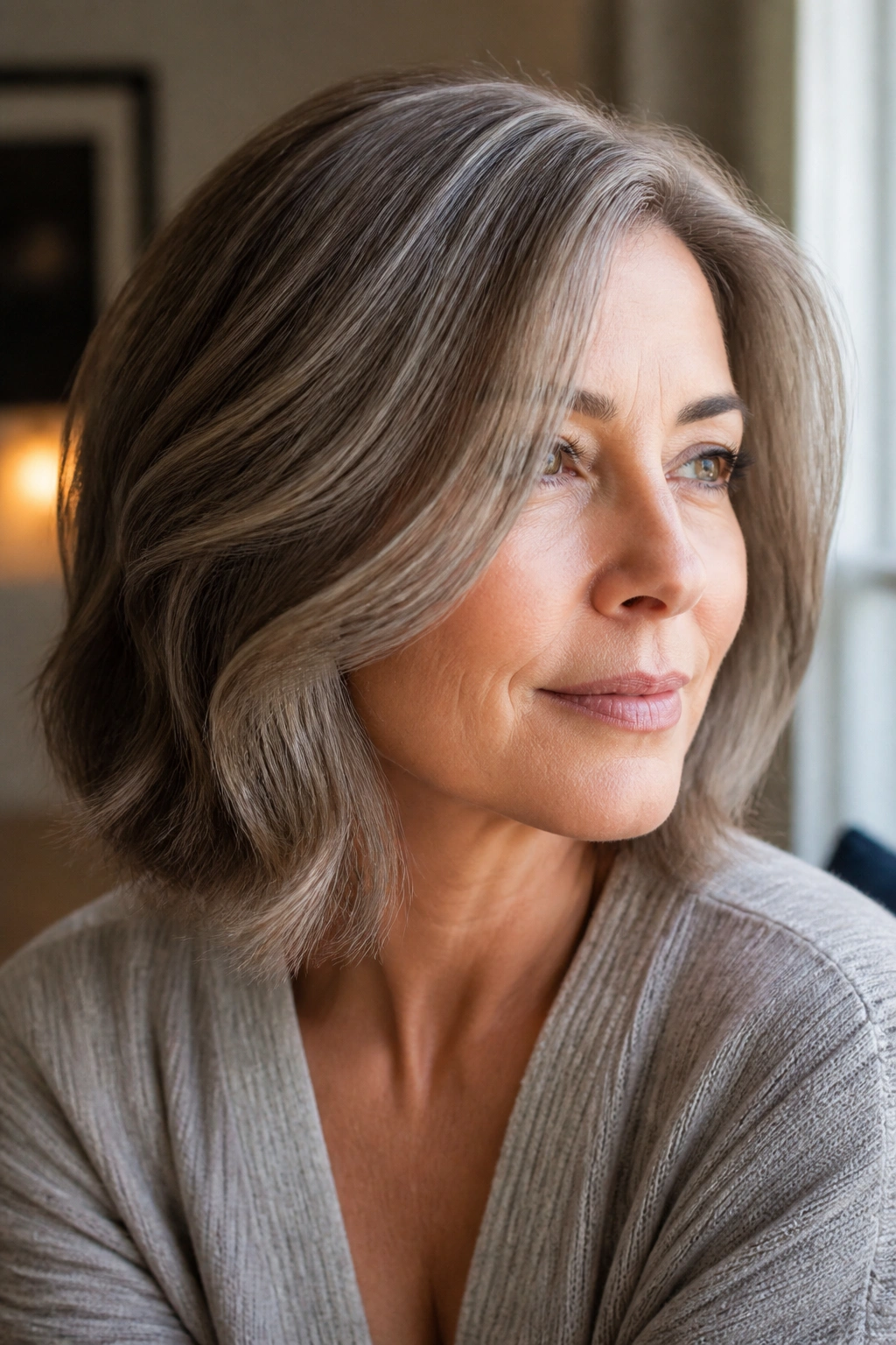 Close-up portrait of a woman with a soft mushroom gray blend