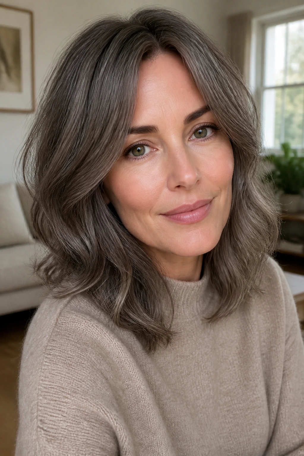 Portrait of a woman with mushroom gray brunette hair