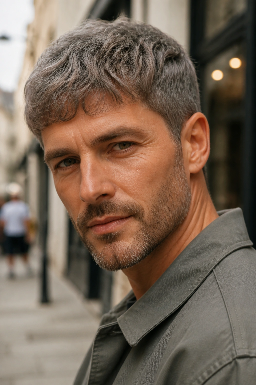 Close-up portrait of a man with mushroom gray crop on a city street