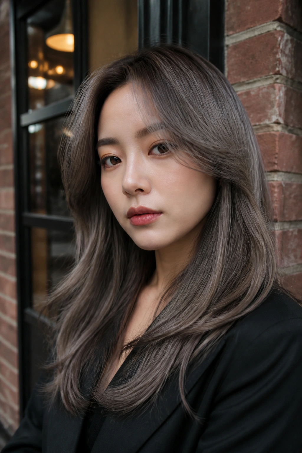 Close-up of a person with mushroom-gray blended hair under soft outdoor daylight
