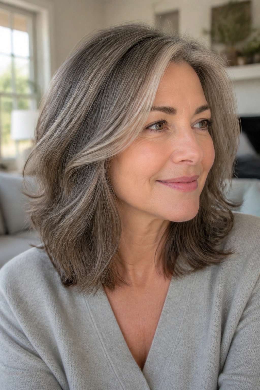 Close-up portrait of a real person with mushroom gray hair and mocha lowlights.
