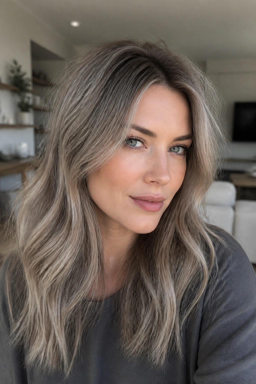 Close-up of a real woman with mushroom grey blonde and muted roots