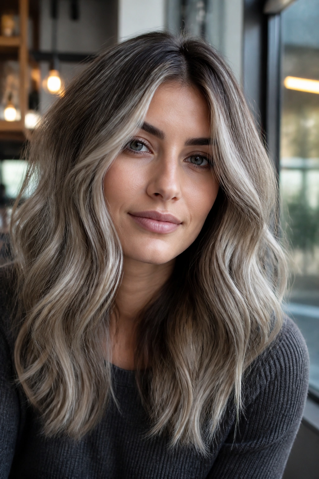 Close-up portrait of a real woman with mushroom grey blonde hair under cafe lighting.