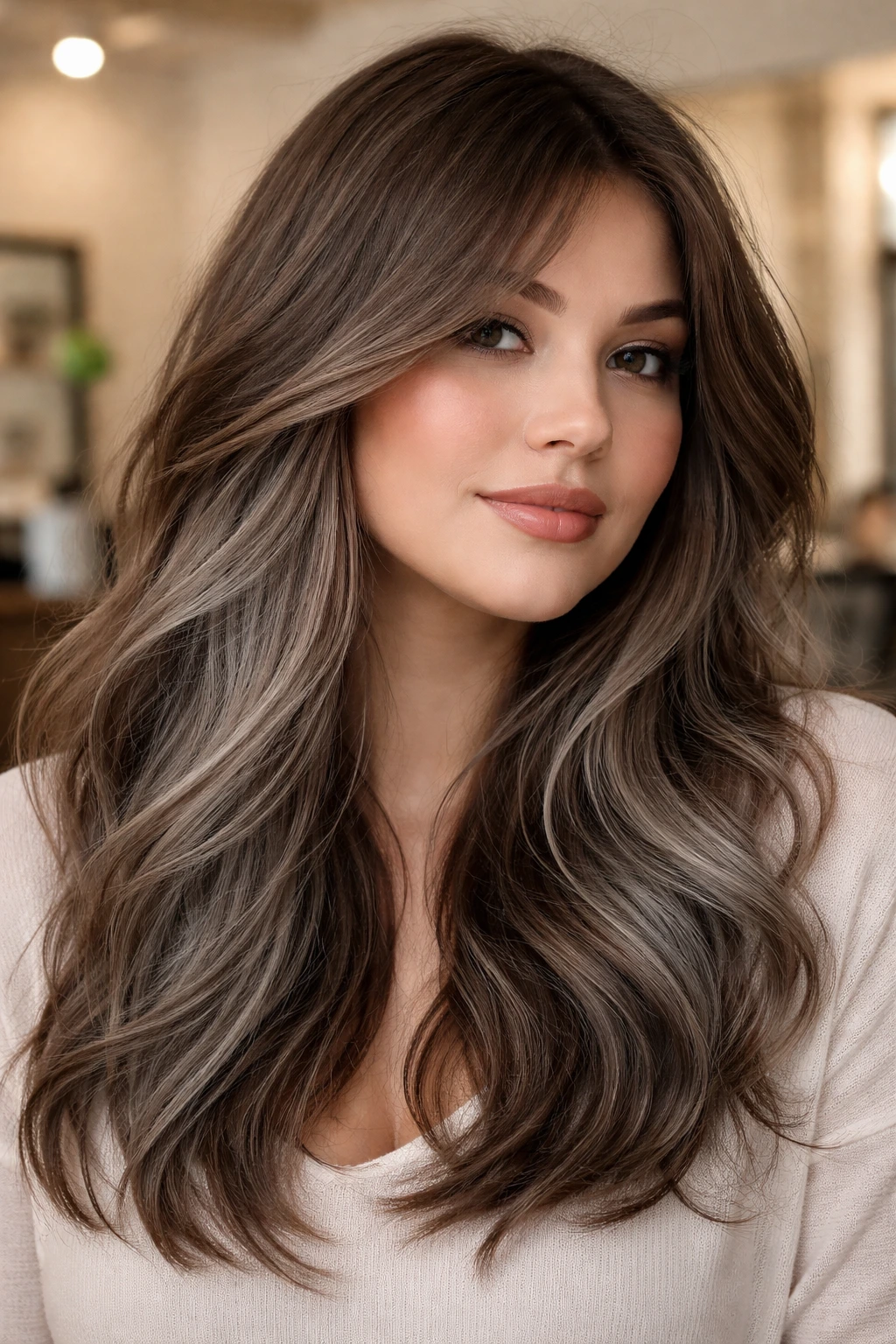 Real person with mushroom brown base and cool grey veils in hair