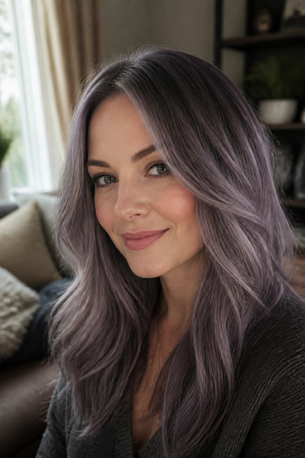 Close-up of a woman with mushroom grey hair and violet veil in natural window light