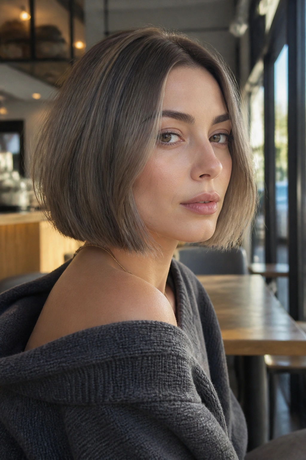Close-up portrait of a woman with mushroom hazelnut bob.