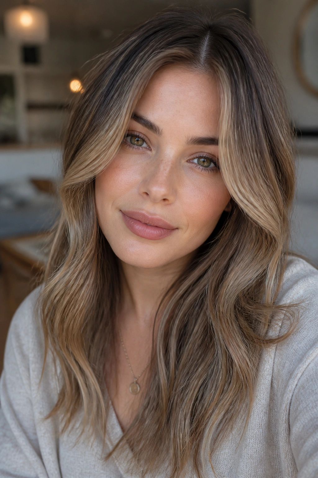 Close-up portrait of a woman with mushroom face-framing highlights in warm daylight