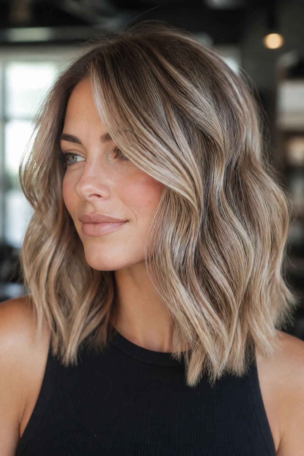 Portrait of a real woman with mushroom honey blonde and smoky taupe finish