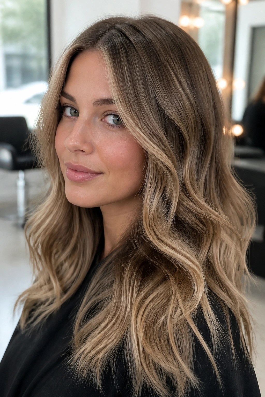 Close-up of a real woman's hair in mushroom honey blonde with taupe brown base and muted honey ribbons