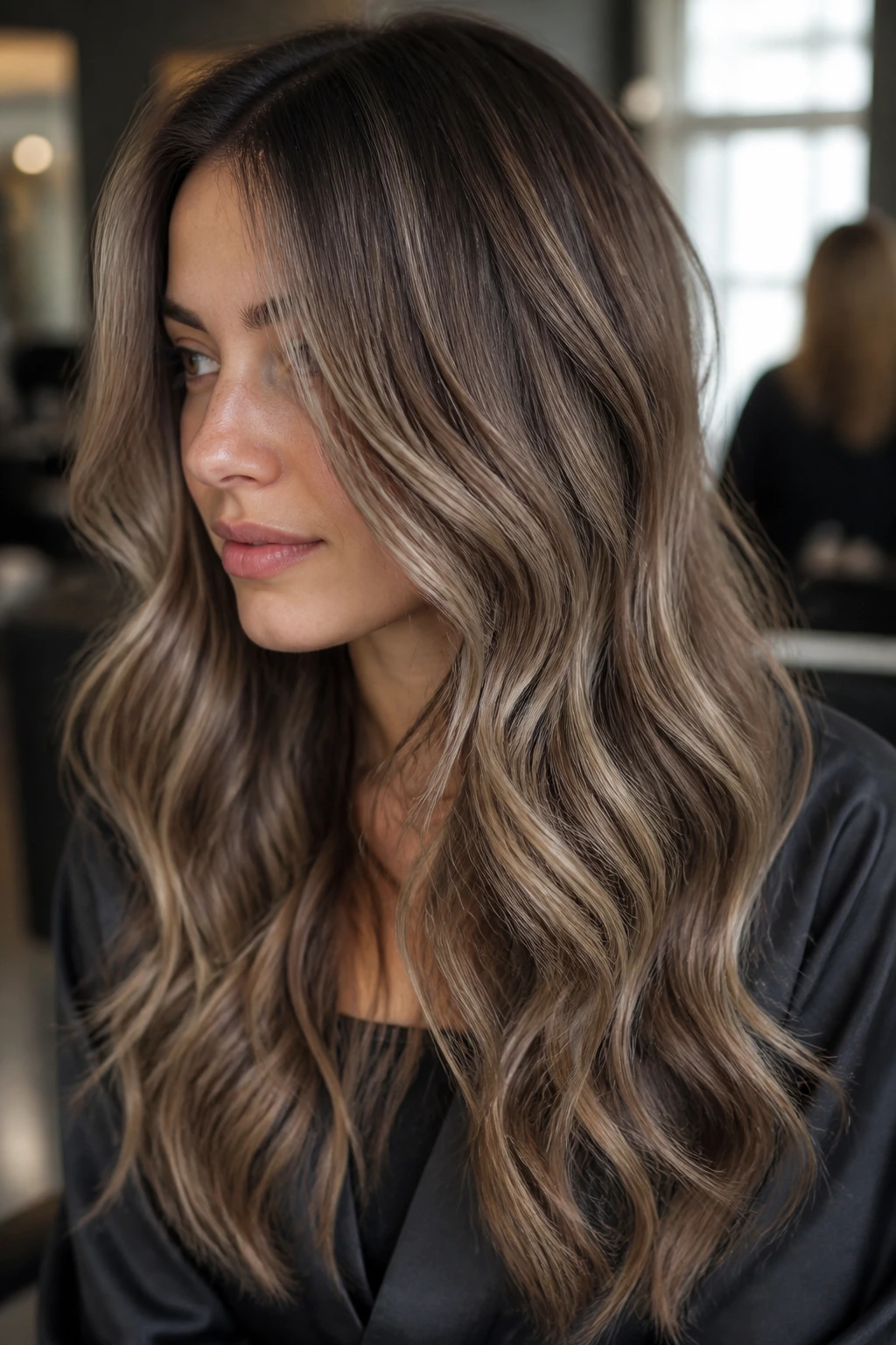 Close-up portrait of a real woman with mushroom honey brown hair and smoky dimension