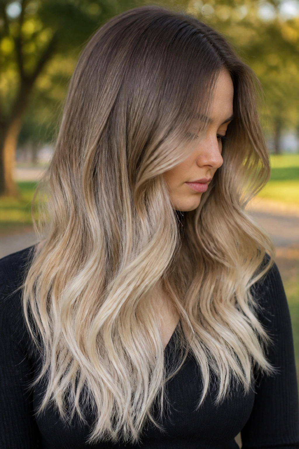 Close-up portrait of a real woman with mushroom to ivory ash fade on long matte hair