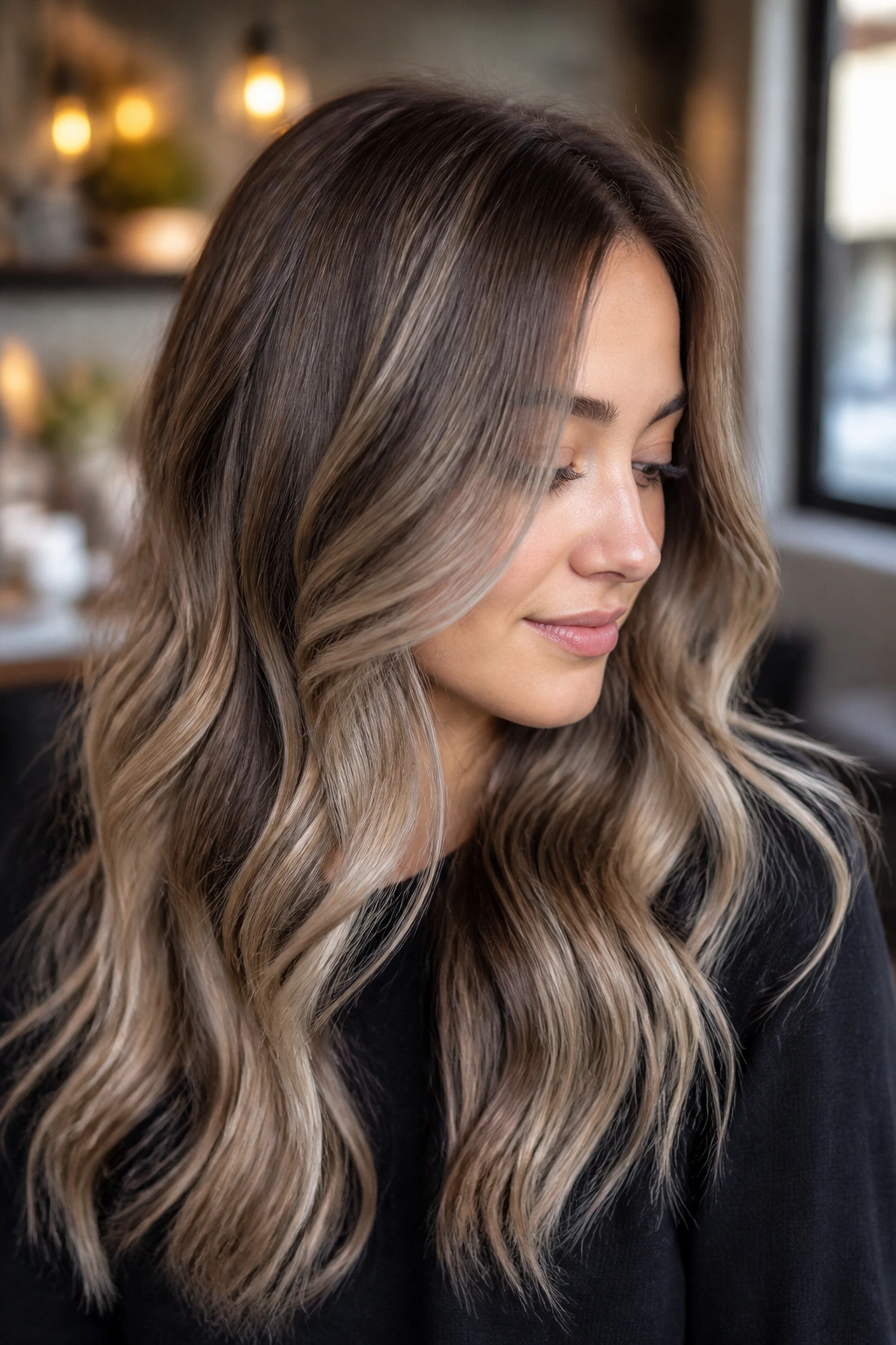 Real person with mushroom latte balayage in brown-beige base with grey taupe tones