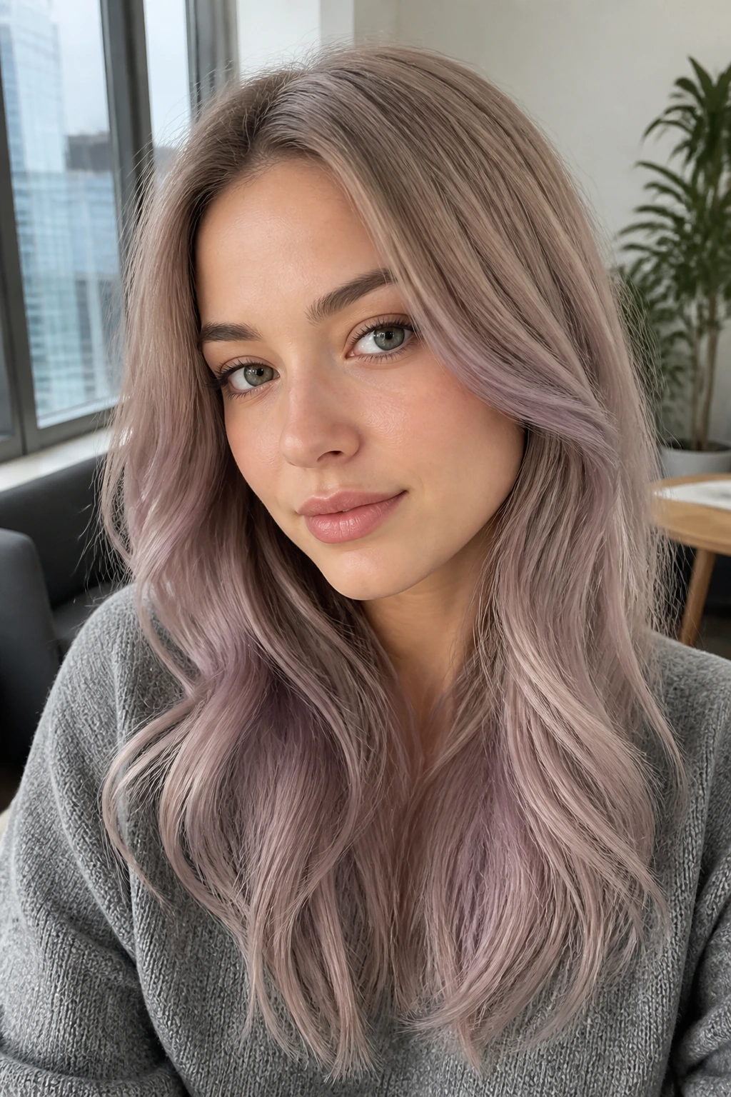 Portrait of a person with mushroom-lilac beige hair