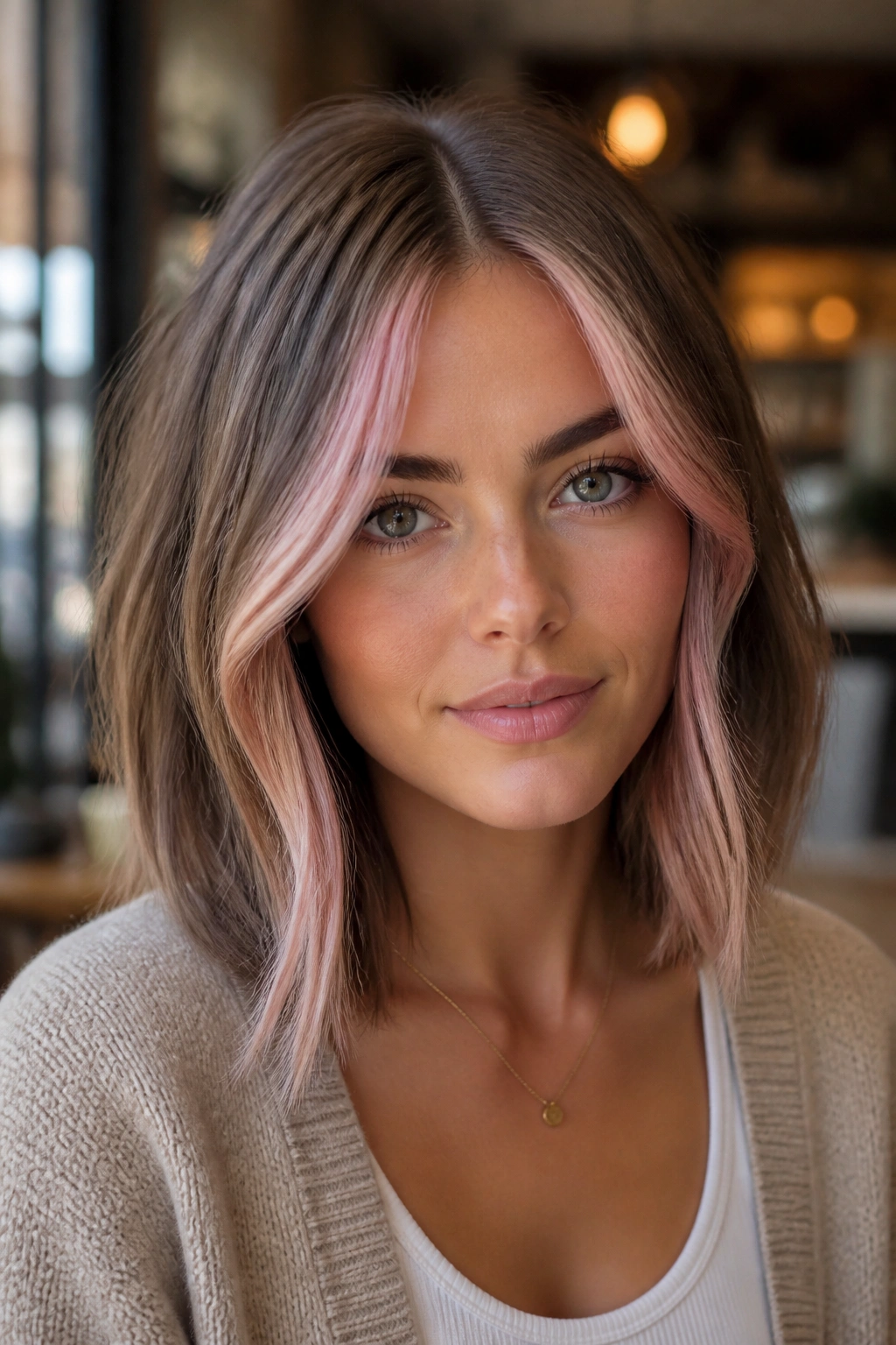 Close-up of mushroom brown lob with blush money piece framing the face.