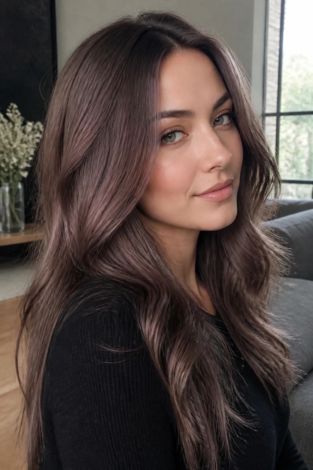 Close-up of a real woman with mushroom mahogany hair and violet reflections.
