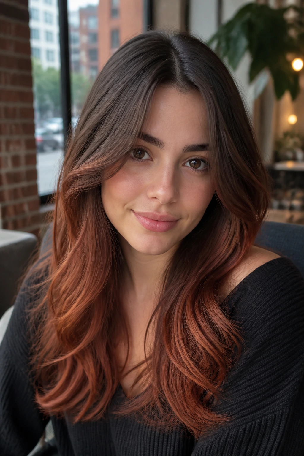 Close-up of a real woman with mushroom mahogany base and copper ends hairstyle.