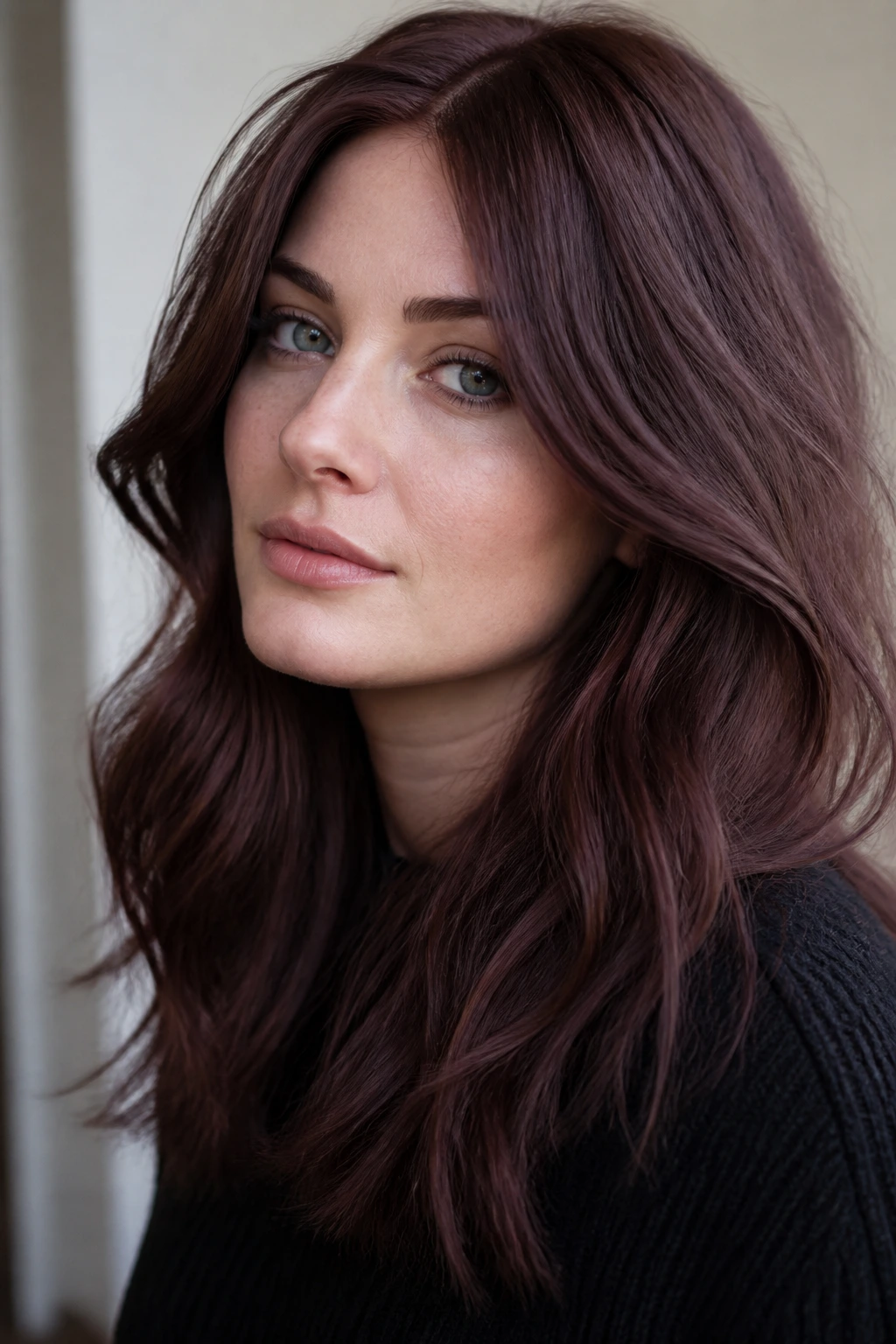 Close-up of a real woman with mushroom mahogany hair and red undertones on cool skin