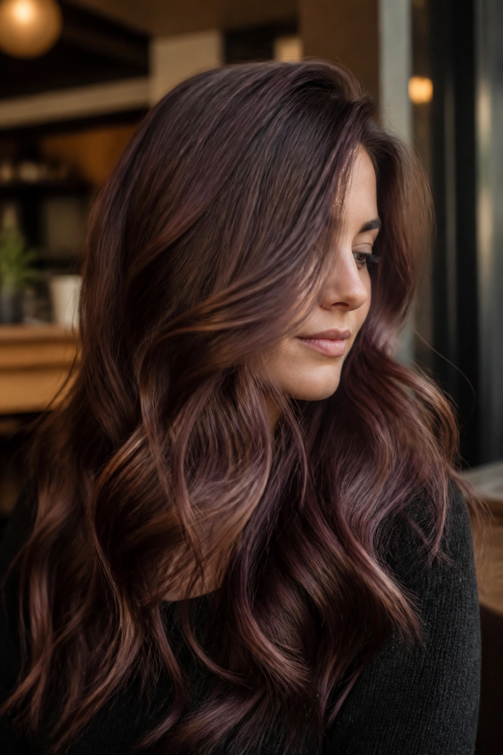 Portrait of a woman with taupe-brown and mahogany hair in a smoky finish.