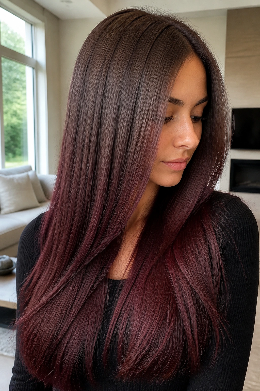 Close-up portrait of a real woman with mushroom brown fading to merlot in long hair