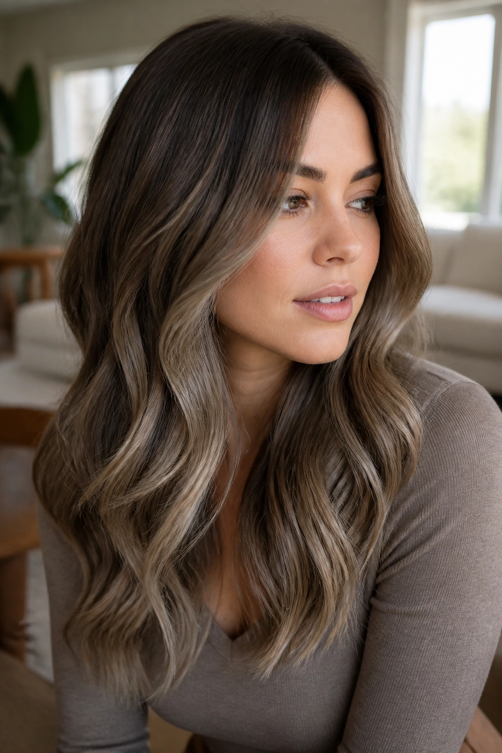 Close-up portrait of a real woman with mushroom mocha balayage on soft waves