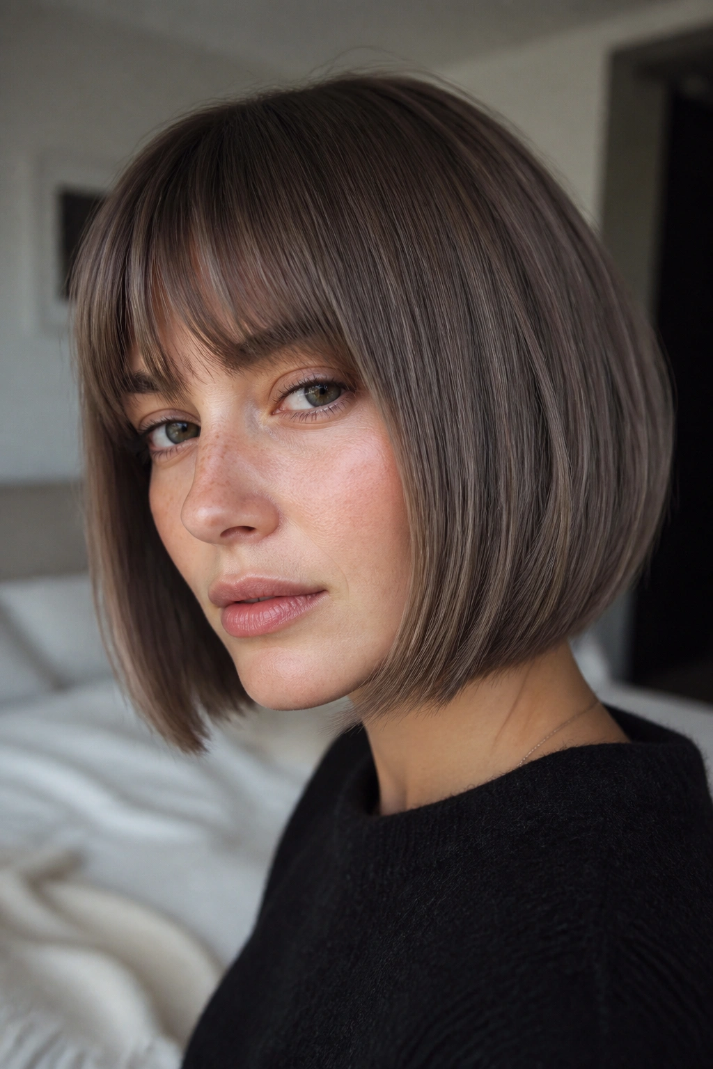 Close-up of a real woman with mushroom mocha bob featuring gray-brown base and beige-ash ends.
