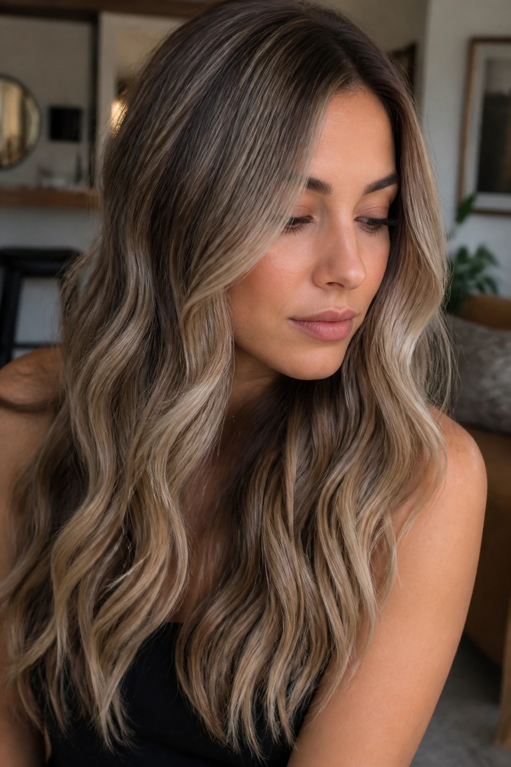 Close-up portrait of a real woman with mushroom ombré and dimensional lowlights.