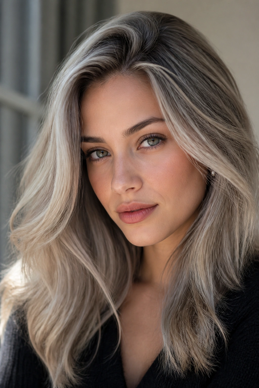 Close-up portrait of a real person with mushroom platinum and ashy depth in a neutral room