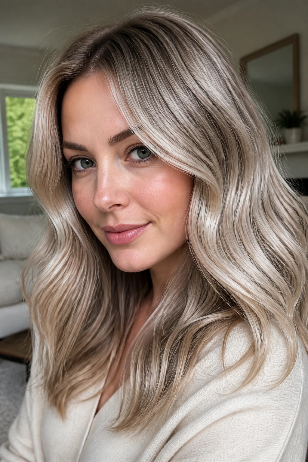 Close-up of a woman with mushroom-platinum blend hair, cool-toned highlights and muted depth