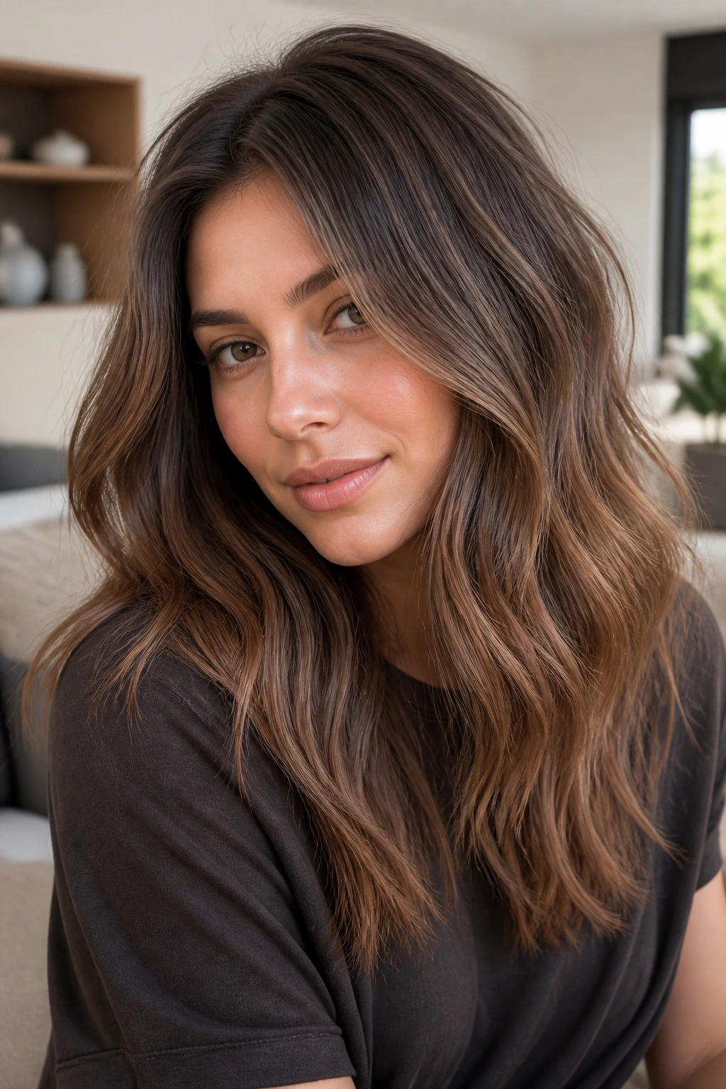 Close-up portrait of a real woman with mushroom root shadow and mocha ends