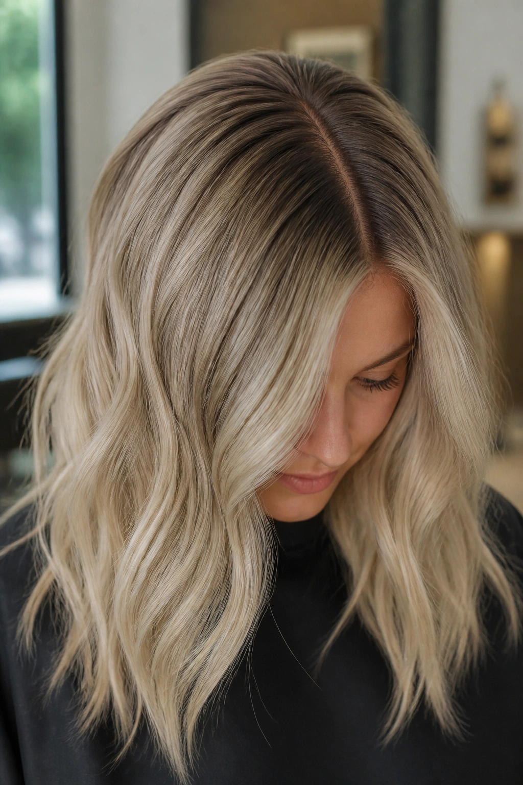 Close-up portrait of a real person with mushroom blonde shadow root