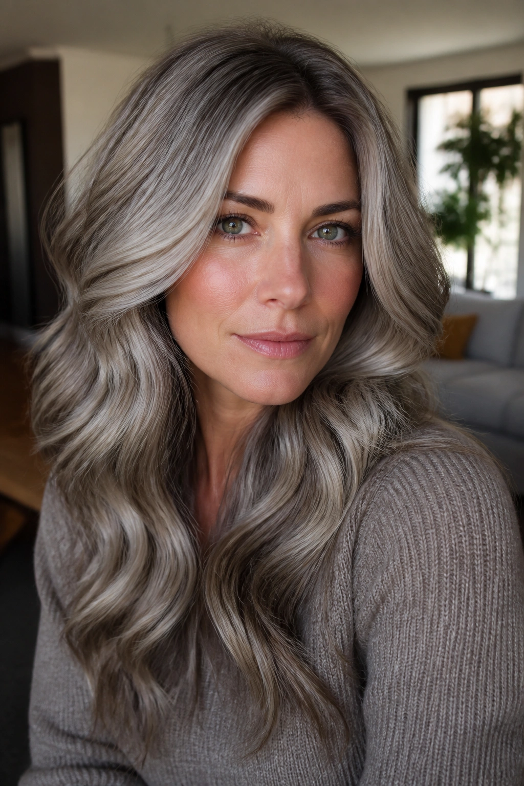 Close-up portrait of a real person with mushroom silver brown hair