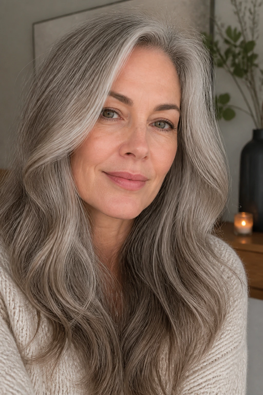 Real woman with mushroom silver hair in muted cool undertones