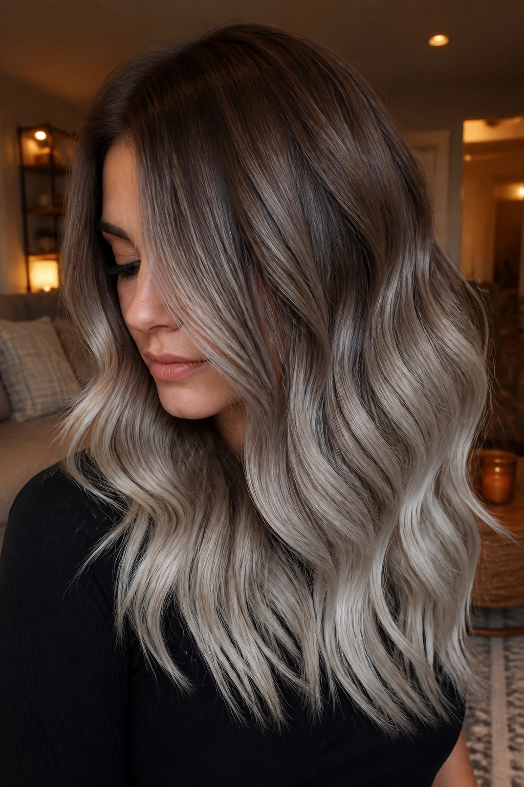 Chestnut hair with mushroom silver melt at ends in a close-up portrait