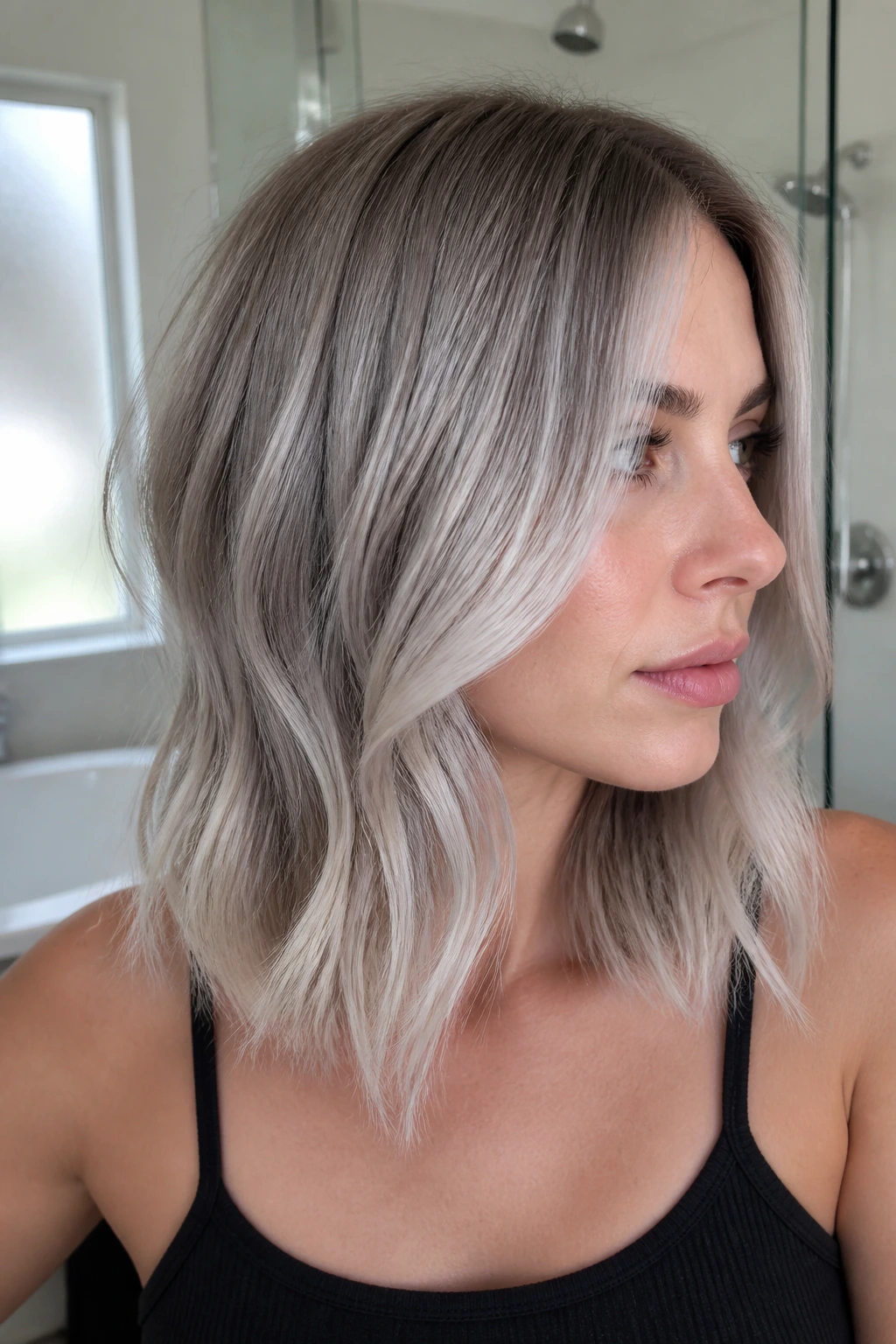 Close-up of a real person with mushroom silver platinum hair.