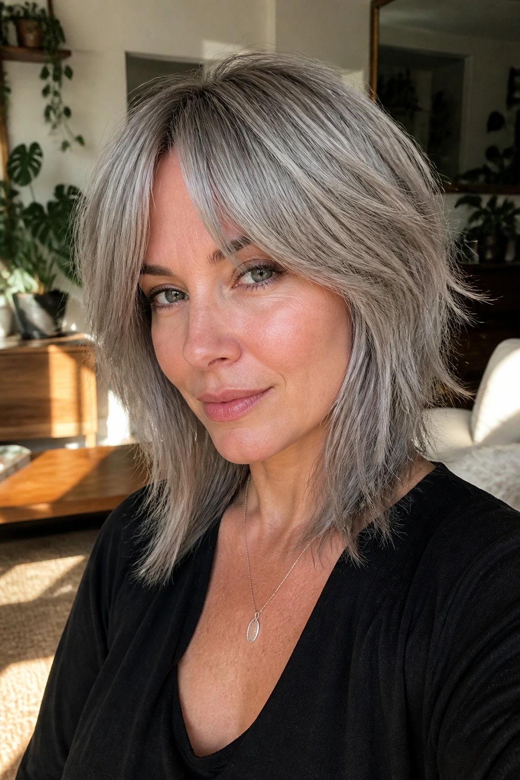 Portrait of a real woman with mushroom silver shag and curtain bangs