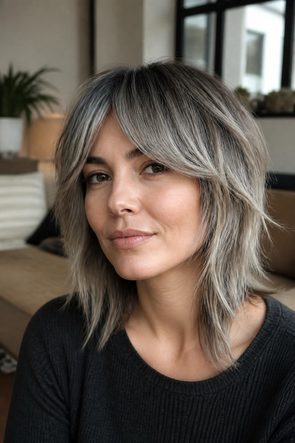 Close-up of a real woman with mushroom silver shag and curtain bangs.