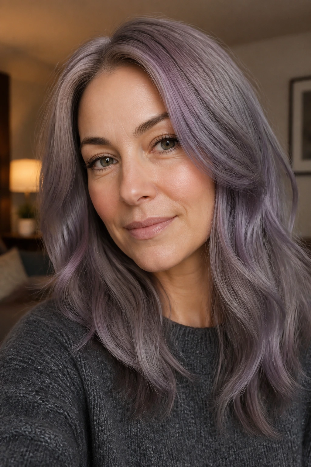 Close-up of a real woman with mushroom silver hair and violet sheen in warm light