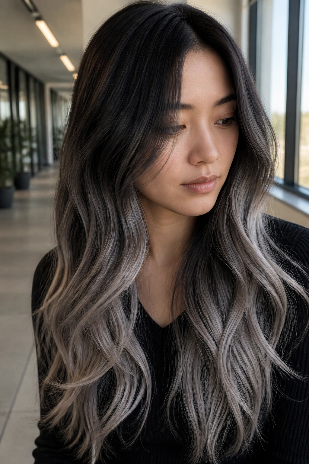 Close-up of real woman with charcoal-brown to silver ombre on long hair in a comfortable office setting