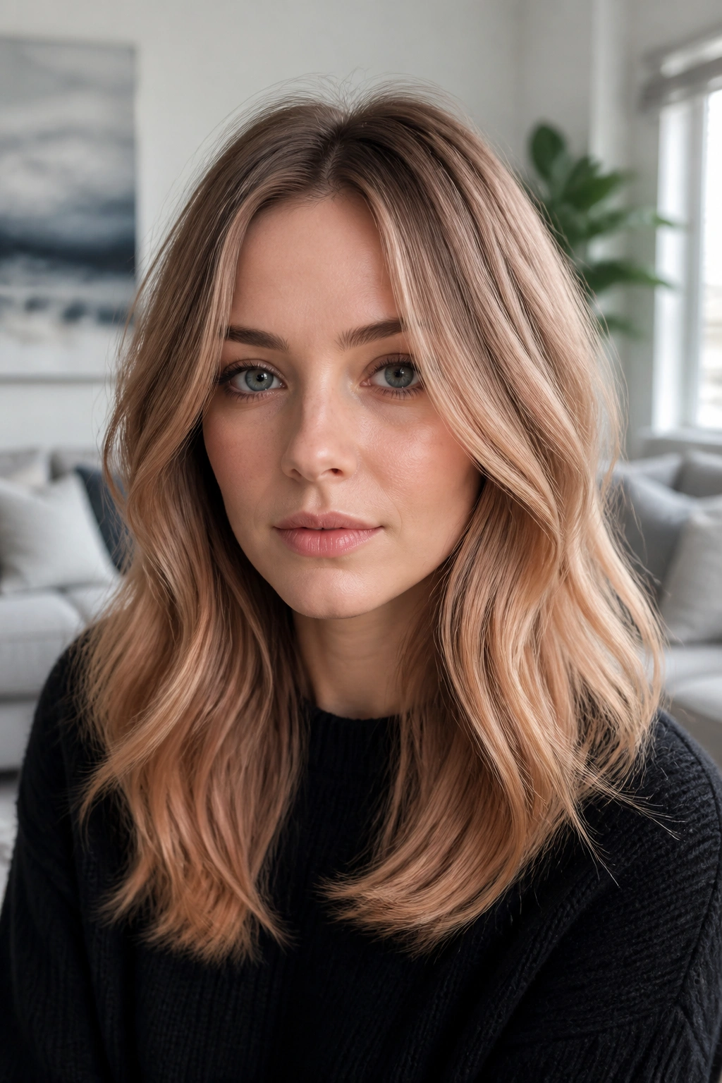 Close-up of real woman with mushroom strawberry blonde and soft ends.