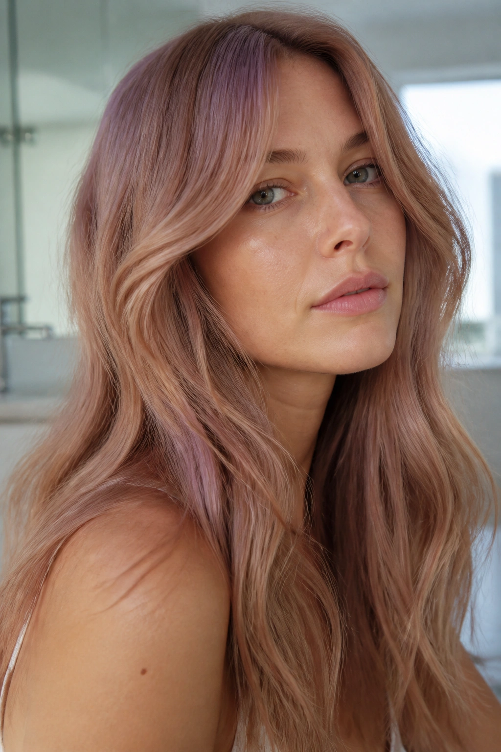 Close-up of mushroom strawberry blonde on a real person with ash-beige base