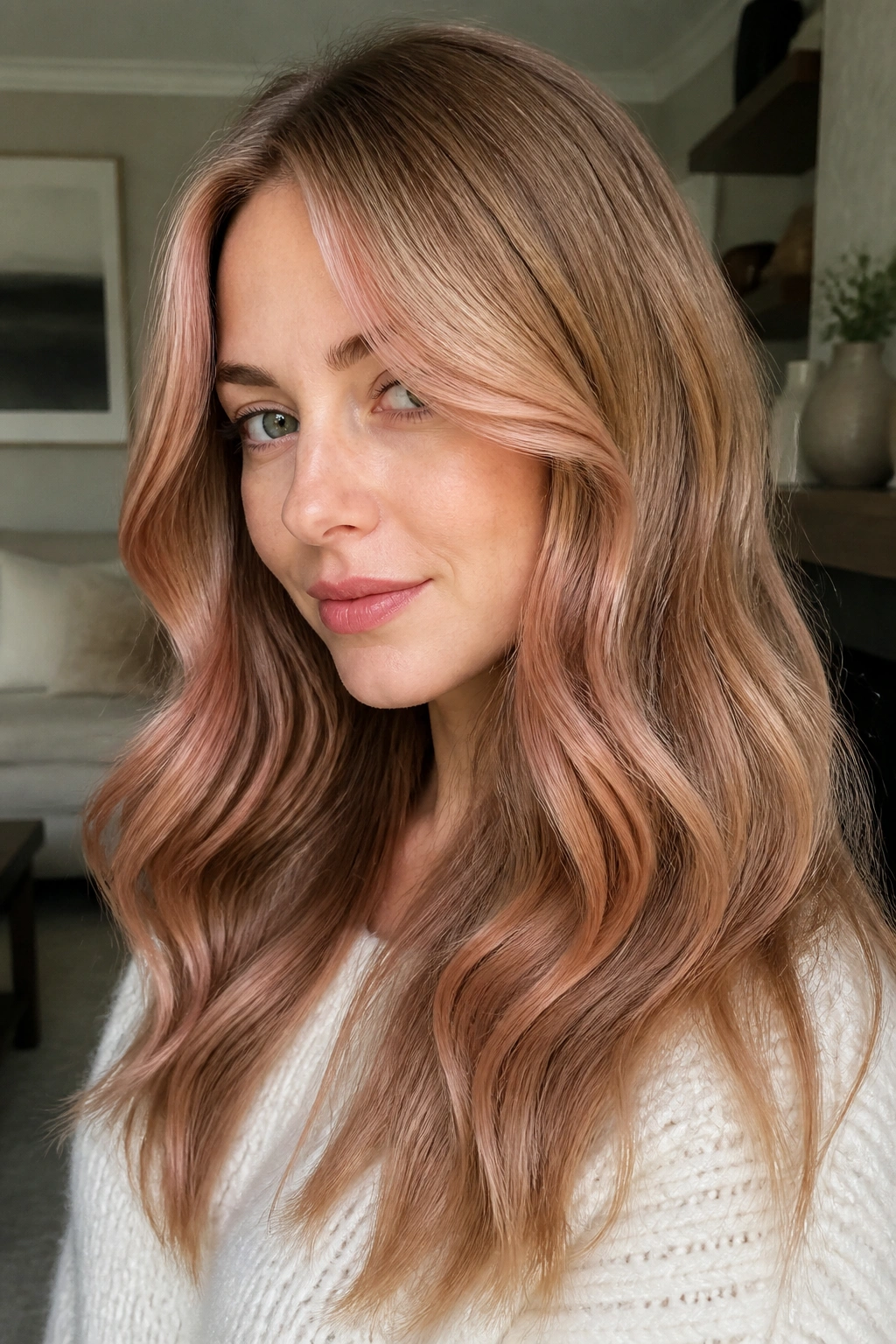 Close-up portrait of a woman with mushroom strawberry blonde and rosy ribbons in natural light