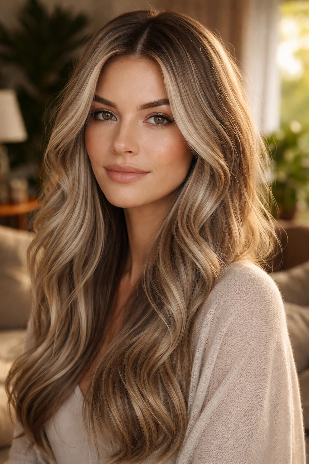 Close-up portrait of a woman with mushroom vanilla hair in a plant-filled room