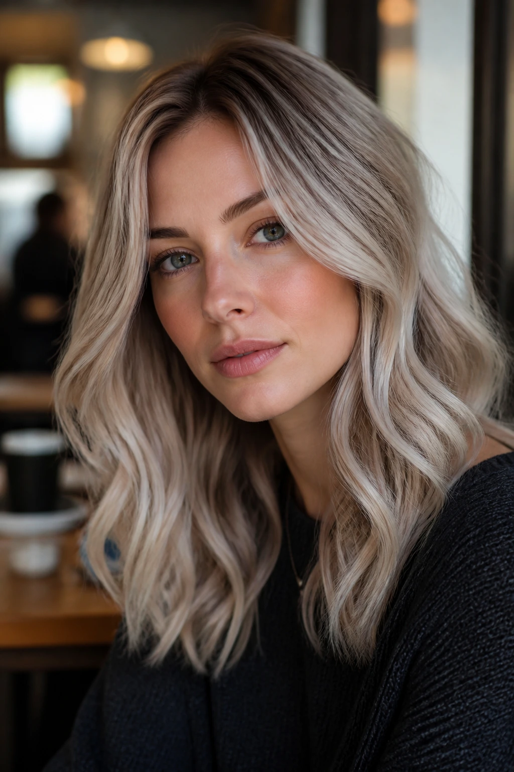 Portrait of a real person with mushroom white blonde hair featuring cool brown root and smoky ends