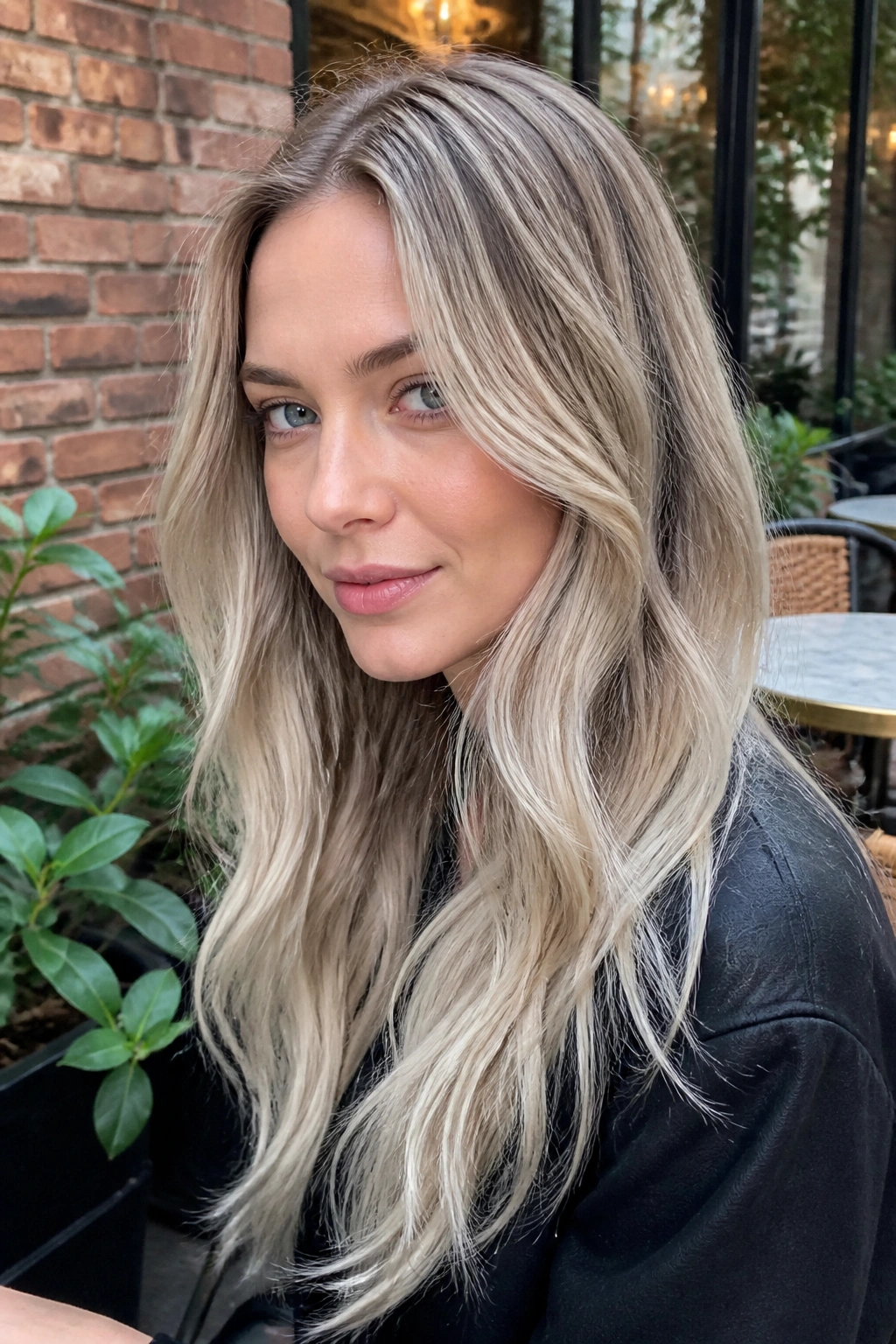 Close-up portrait of a real woman with Mushroom White Blonde hair in smoky beige-gray tones.