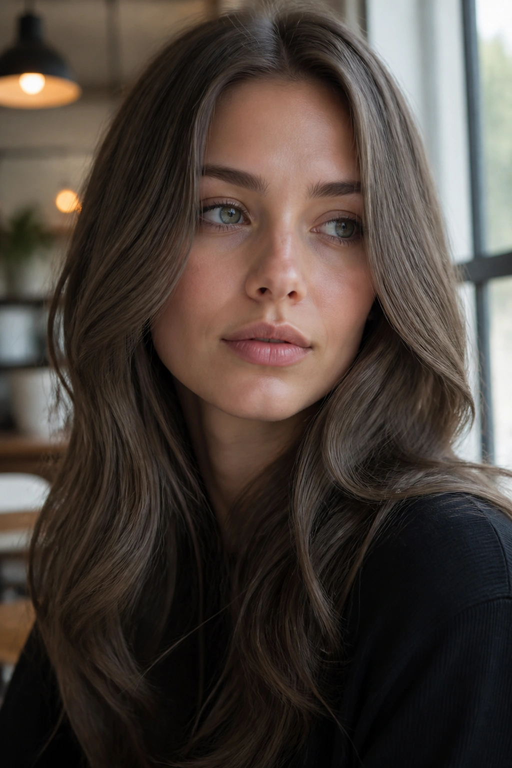 Close-up of a real woman with taupe-gray mushroom brown hair in daylight
