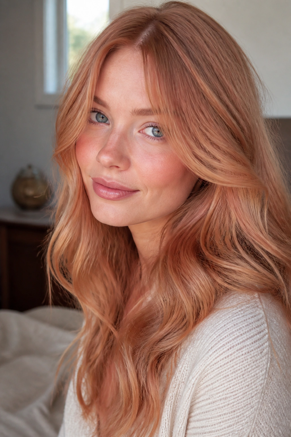 Close-up portrait of a woman with muted apricot copper hair