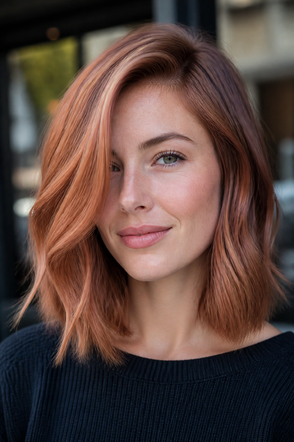 Close-up portrait of a real woman with muted apricot copper lob